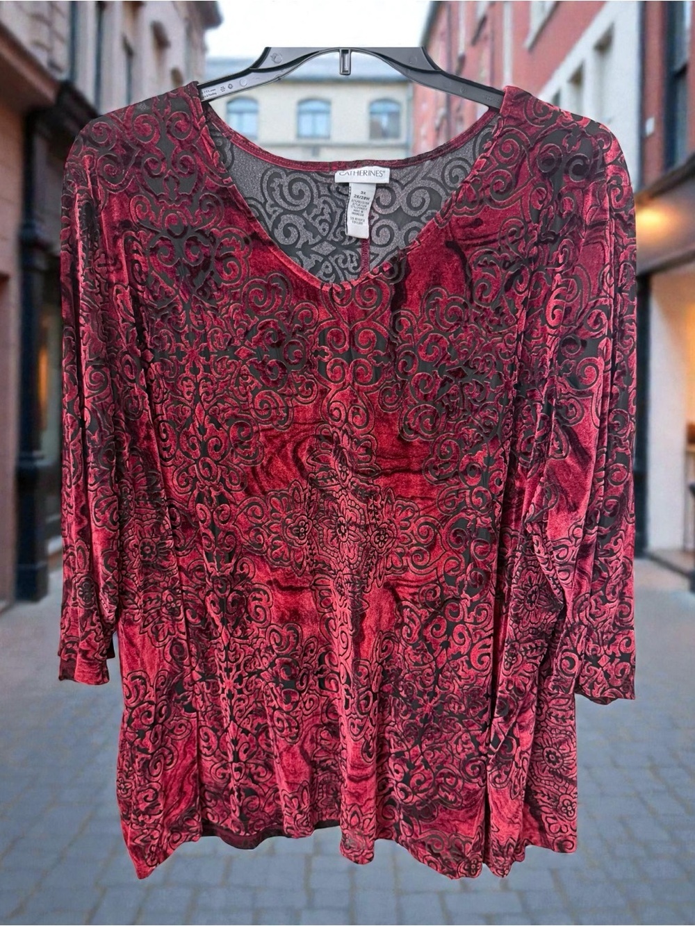 Catherines Red and Black Velvet Burnout Scoop Neck Top